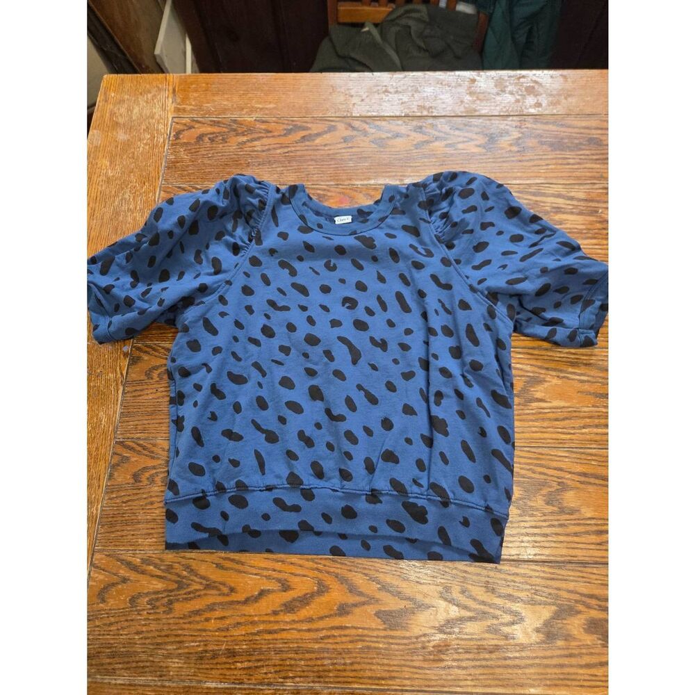 Clare V puff sleeve Jaguar print Blue&black sweatshirt size Medium - Picture 2 of 5